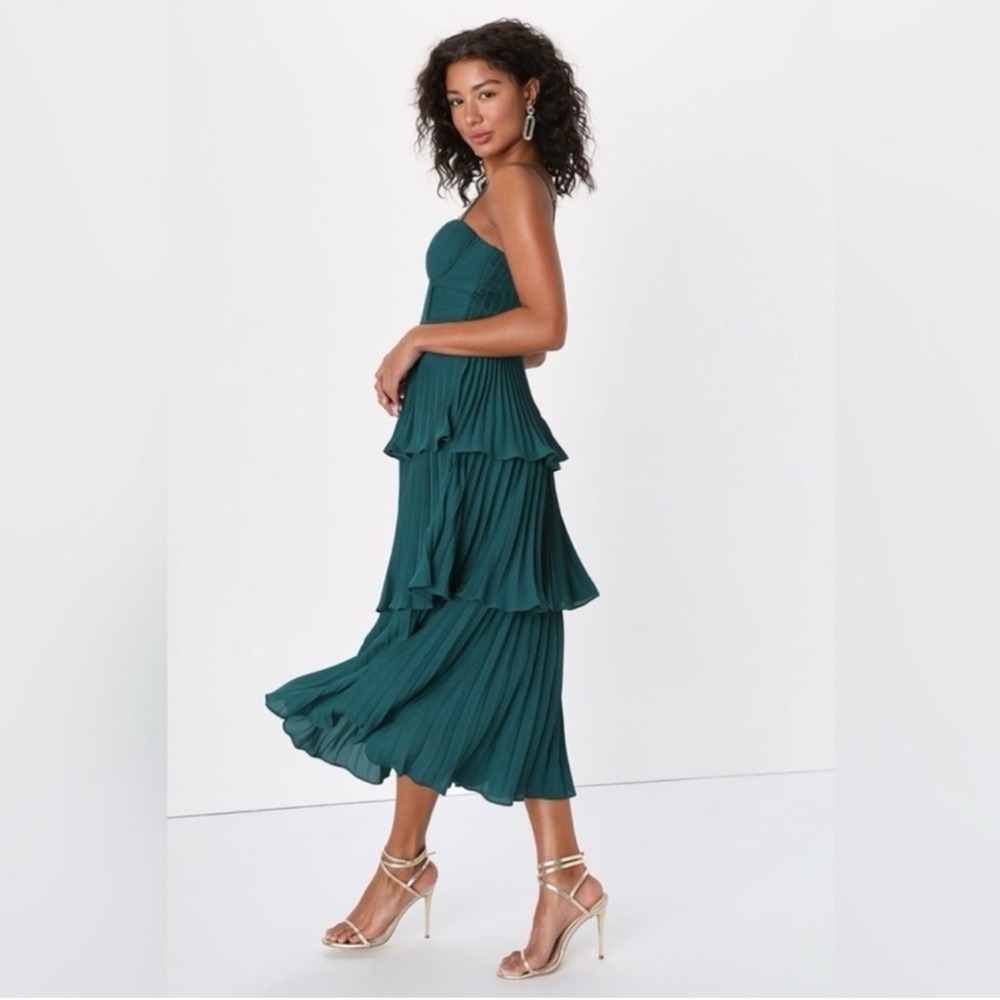 Lulu's Cascading Crush Emerald Tiered Bustier Midi Dress - Picture 2 of 15